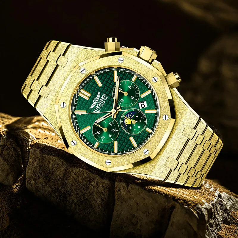 HAEMMER Luxury Men's Automatic Watch Top Brand Mechanical Frame Original Gold Green Watch Waterproof Clock Relogio Masculin