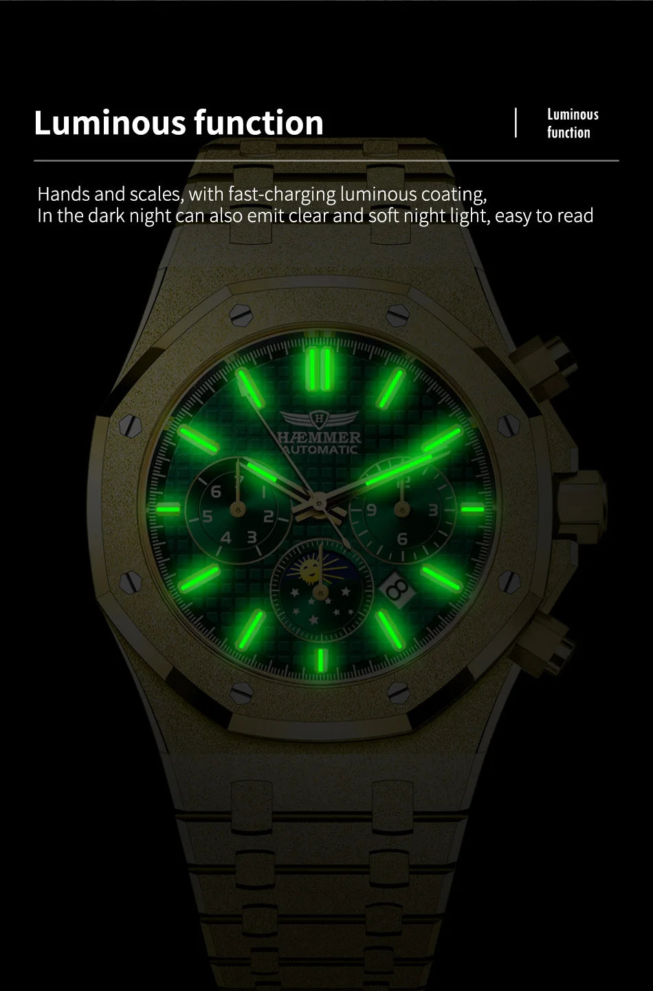 HAEMMER Luxury Men's Automatic Watch Top Brand Mechanical Frame Original Gold Green Watch Waterproof Clock Relogio Masculin