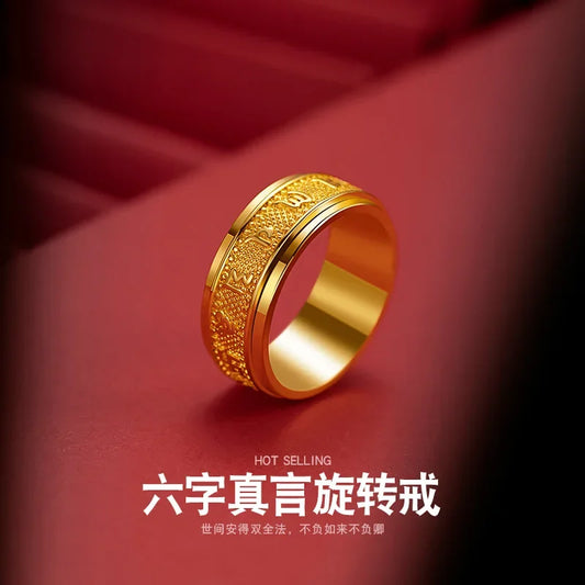 24K 9999 Pure Gold Six-character mantra rotating ring