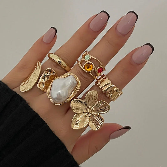 LATS Gold Color Flower Crystal Baroque Pearl Open Ring for Women Fashion Rings Set Engagement Party Gift Temperament Jewelry