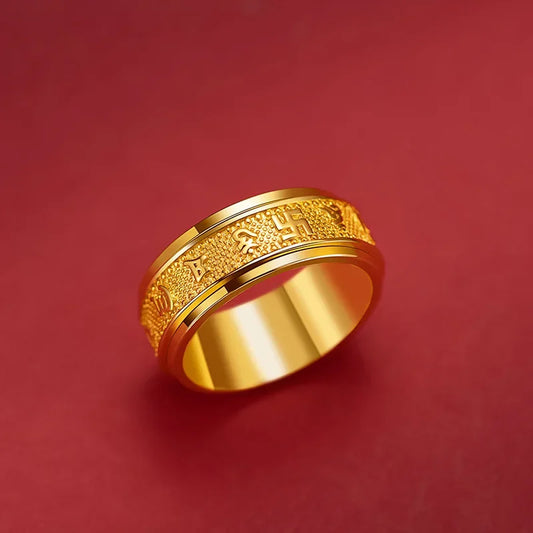 24K 9999 Pure Gold Six-character mantra rotating ring